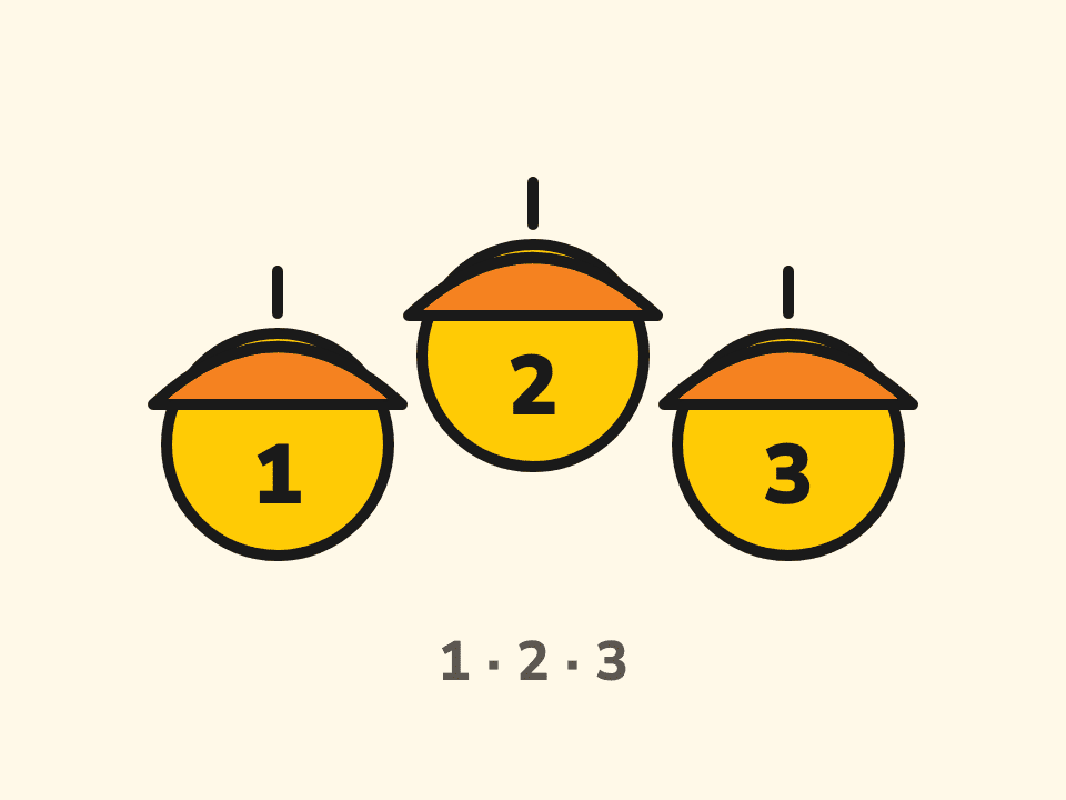 Three acorns numbered 1, 2, 3