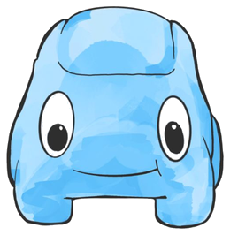 Dexte, a smiling blue cartoon car, seen from the front.