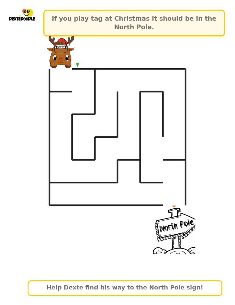 The free Christmas maze printable: Dexte the reindeer car at the top, a maze in the middle, and the North Pole sign at the end.