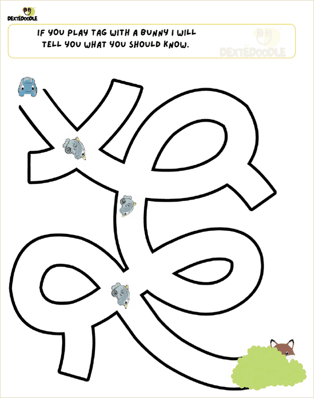 A maze page from the bunny story, with Dexte the car following the path