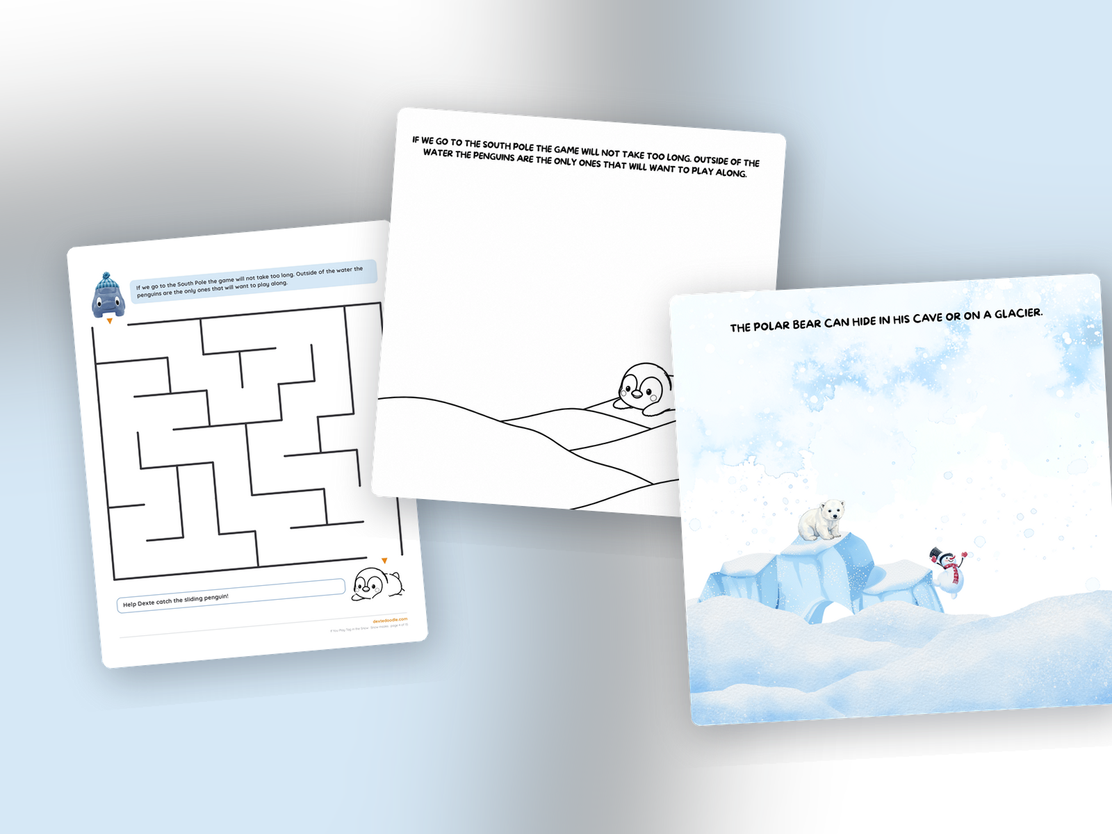 The Snow Story & Activity Set: the polar bear page of the story, a penguin page to color, and a snow maze.