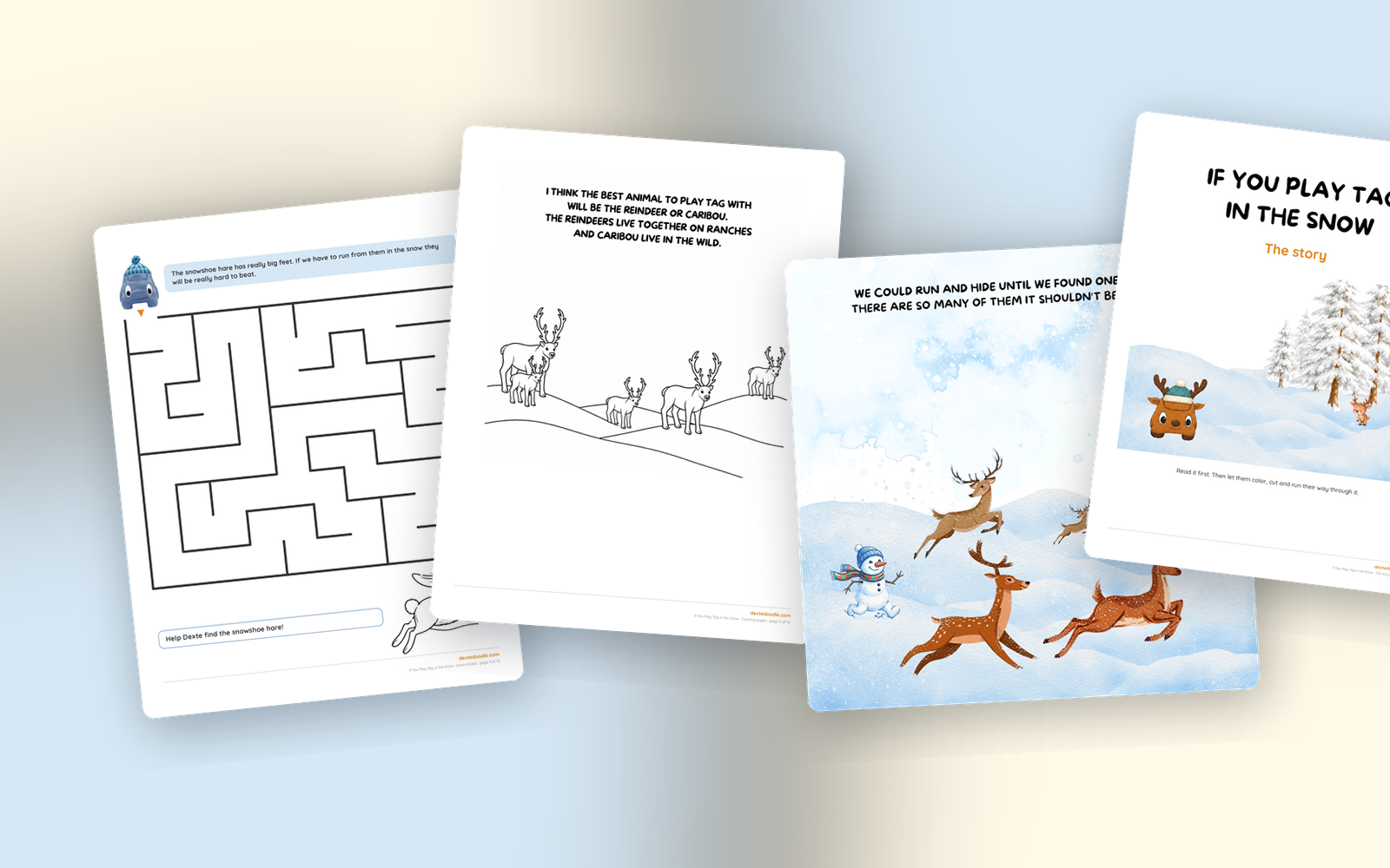 The Snow Story & Activity Set: a snow maze, a page to color, a painted story page, and the story itself.