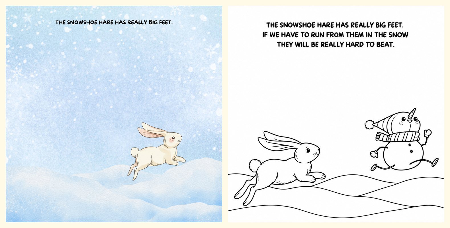 A painted page of If You Play Tag in the Snow beside the same page as a coloring page: the snowshoe hare and the running snowman.